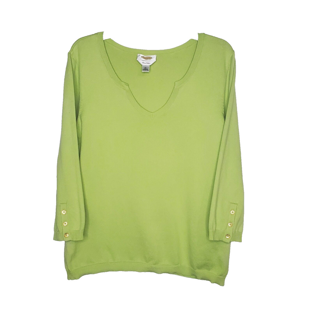 Talbots Womens V Neck Lightweight Bright Green Knit Sweater Rayon Cotton SZ XL